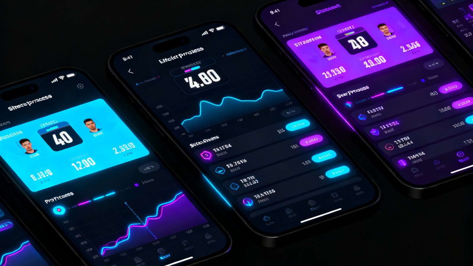 华体会移动端应用在深色主题下的赛事数据dashboard界面，展示实时比分、数据图表和赛事进程面板，界面采用深色背景配霓虹色数据高亮