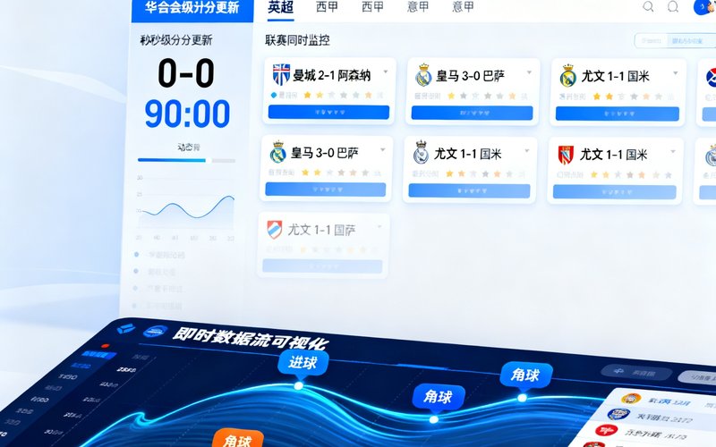 华体会实时赛事数据推送服务界面，展示毫秒级比分更新、多联赛同时监控面板和即时数据流可视化效果