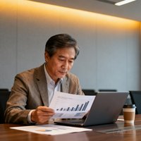 一位中年亚洲男性企业高管头像，穿着商务休闲装，在会议室中查看数据报表，展现专业沉稳气质